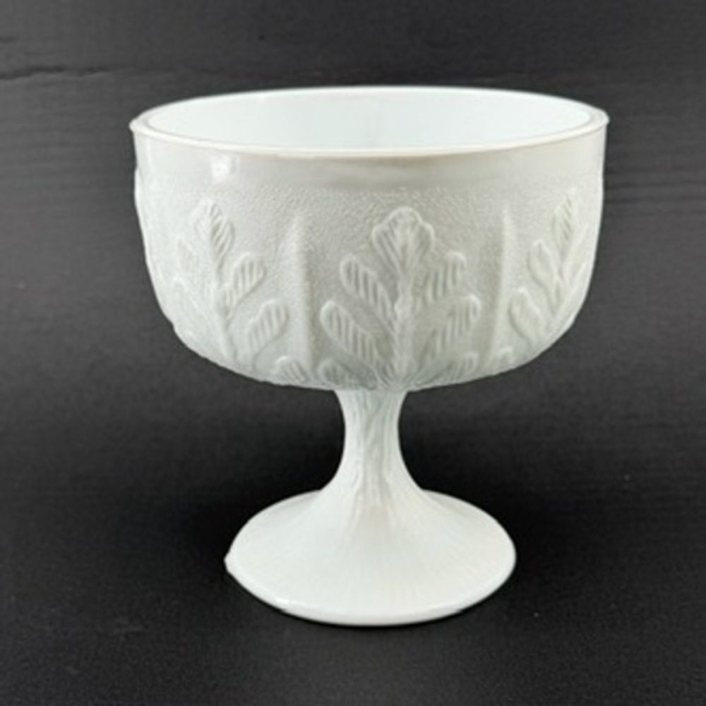 FTD Vintage Milk Glass Oak Leaf Embossed Pedestal Bowl Goblet White‎ 5.5 Inch
